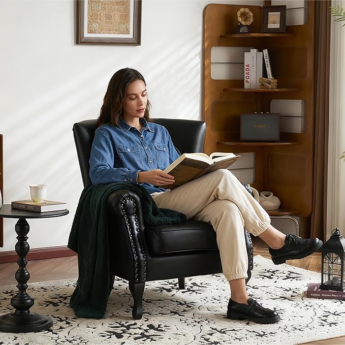 Modern Faux Leather Accent Chair, Upholstered Mid-Century Armchair with Solid Wood Legs, Single Sofa Chair for Living Room, Bedroom, or Reading Room(Black)
