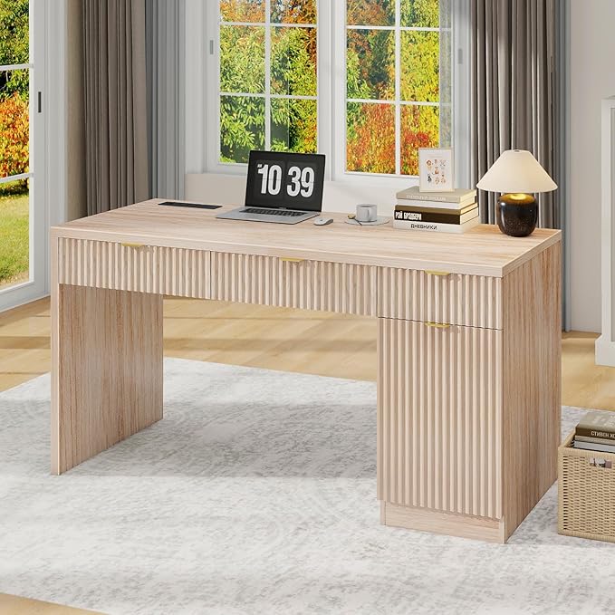 60" Executive Desk with Fluted Drawers, Wood Home Office Desk with Storage Cabinet, Charging Station, Fluted Computer Writing Desk for Study, Living Room, Natural Oak.