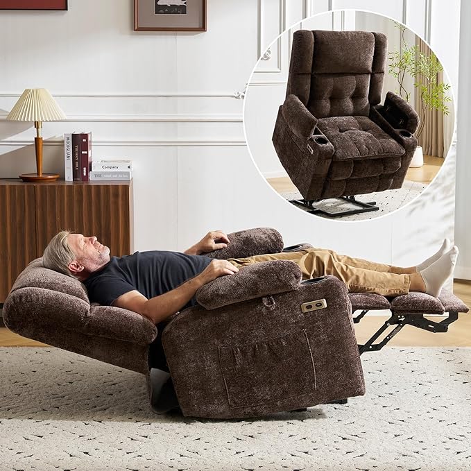 Oversized Power Recliner Chair for Elderly with Massage and Heat, Dual Motor Lay Flat Recliner with Arm Storage,Lift Chair for Big Tall, Infinite Position,Extended Footrest, Coffee