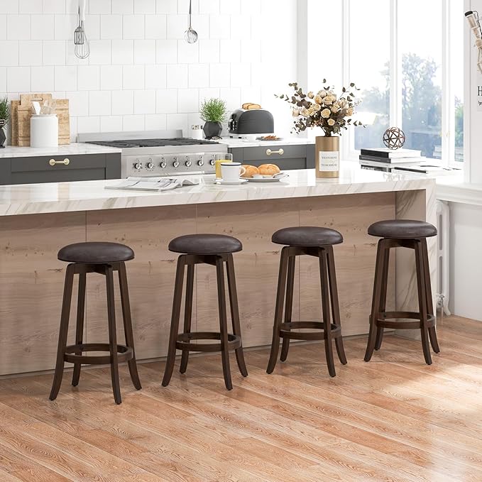 COSTWAY 29-Inch Swivel Bar Stools Set of 2, Upholstered Barstools w/PU Leather Seat & Solid Rubber Wood Legs, Mid-Century Backless Round Bar Height Stools w/Footrest for Kitchen Home Bar