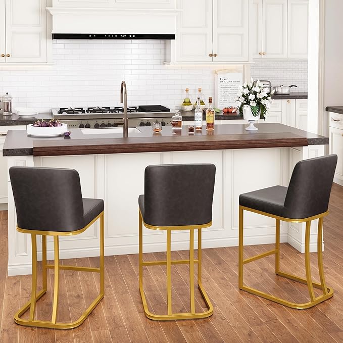 PHI VILLA Grey and Gold Bar Stools Set of 3, Faux Leather Counter Height Chairs, Kitchen Stools for Island, 24 Inch Barstools with Back