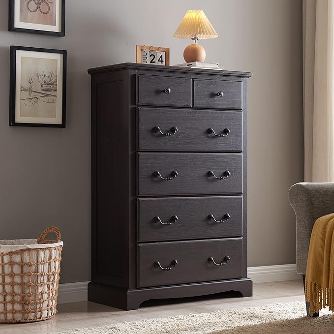 T4TREAM 6 Drawers Dresser Chests for Bedroom, 48" Tall Rustic Chset of Drawers, Wood Dressers Organizer for Bedroom, Living Room,Hallway, Espresso