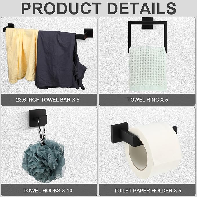 Gisafai 25 Pcs Bathroom Hardware Accessories Set 23.6 Inch Bath Towel Bar Kit Stainless Steel Bathroom Hardware Set Towel Racks Ring Hooks Paper Holder for Wall Mounted (Black)