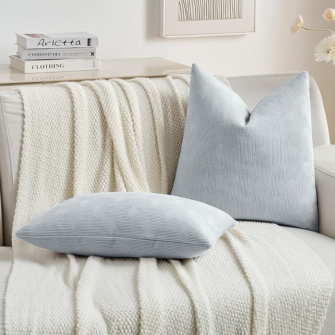 FUTEI Light Blue Chenille Decorative Throw Pillow Covers 22x22 Inch Set of 2,Soft Cozy Striped Geometric Patterns Cushion Cases,Modern Home Decor for Couch Bed Living Room