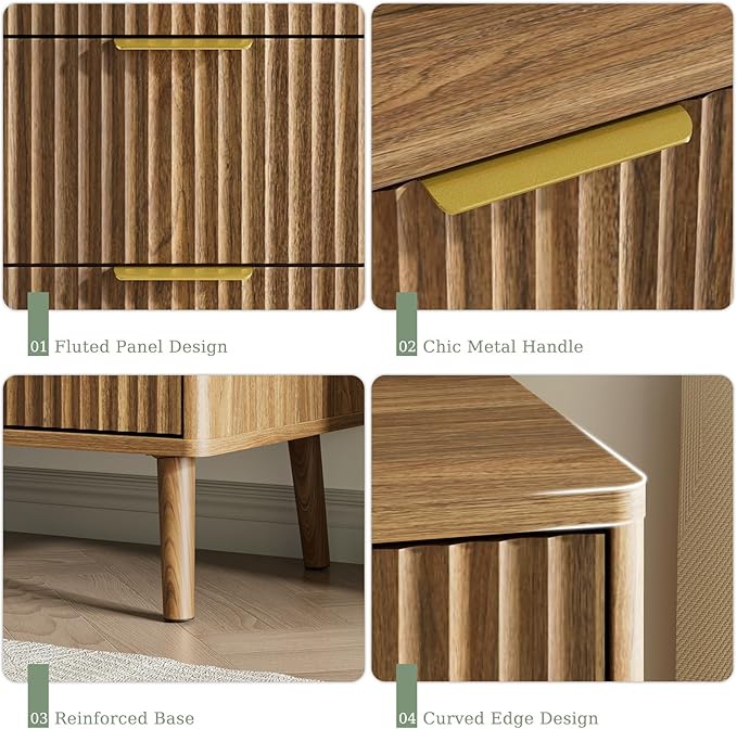 LYNSOM Fluted Dresser and Nightstand Sets 2 Piece, 1-Drawer Nightstands and 7-Drawers Dresser, Wood Bedroom Furniture Set for Home, Bedroom, Hallway, Natural Oak
