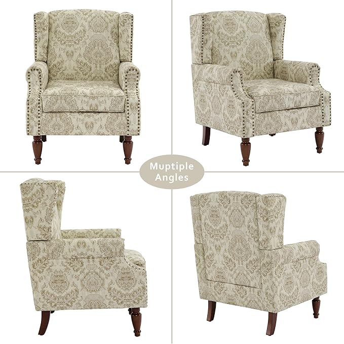 Lumibee Wingback Accent Chair, 2 Set High Back Floral Armchairs in Fabric,Comfy Upholstered Reading Single Sofa Chairs with Solid Wood Legs for Living Room,Bedroom,Office-White