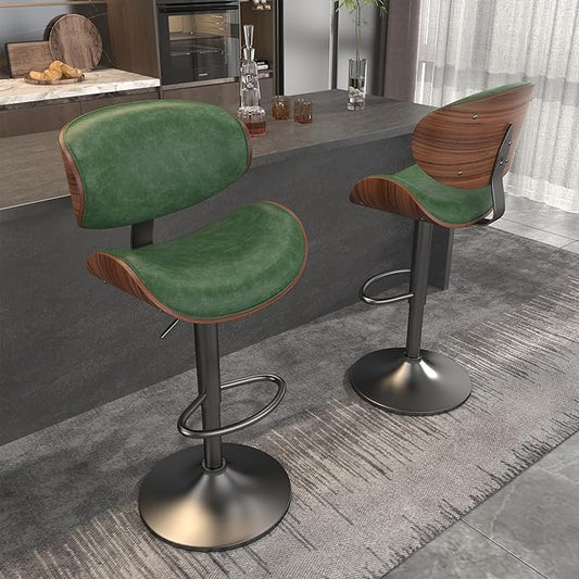 Bar Stools Set of 3, Bar Stools for Kitchen Island with Bentwood Back and Leather Seat, Swivel Bar Stools for Kitchen Counter, Bar, Green