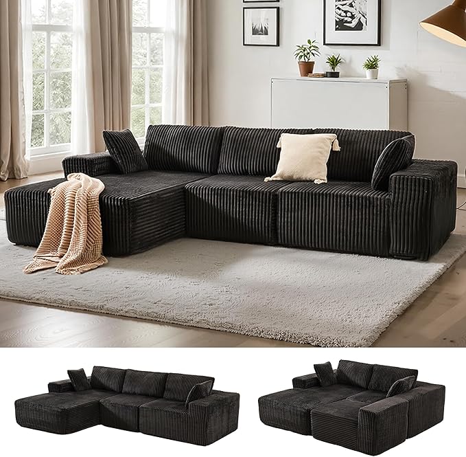 Apicizon 113" Sectional Sofa Couch for Living Room, 3 Seat Boneless Sofa with Chaise Longue, L-Shape Modular Sectional Couches with Deep Seat for Apartment,No Assembly Required (Stripe Corduroy Black)