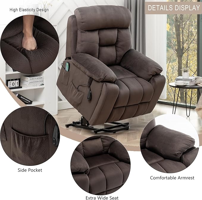 Power Lift Recliner Chair with Massage and Heating Functions,Velvet Sofa with 2 Remote Controls and Two Cup Holders,Recline up to 160 Degrees,Suitable for Living Room