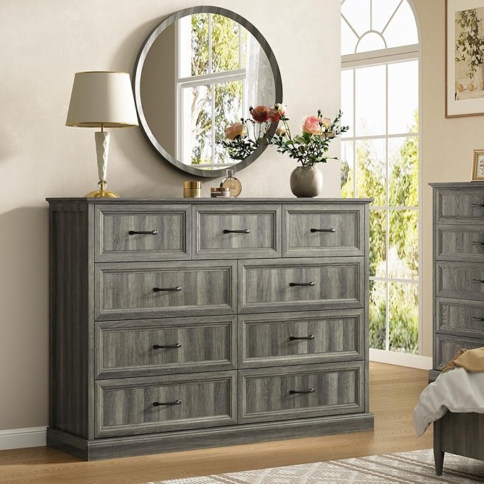 CARPETNAL Farmhouse 9 Drawer Dresser for Bedroom, 55 Inch Wide Modern Grey Dresser TV Stand with Large Drawers & Bar Handles, Rustic Wood Chest of Drawers for Bedroom, Living Room, Hallway, Entryway.