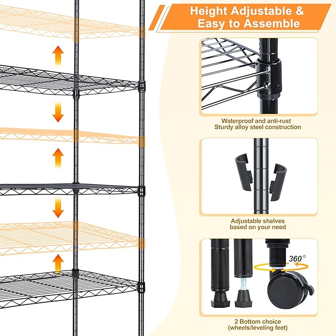 Whitmor 5-Tier Heavy Duty Shelving Unit, Metal Adjustable Storage Shelves, 2000 lbs Capacity for Pantry, Kitchen, Closet, Laundry, 29.6" L x 13.7" W x 59.4" H, Black