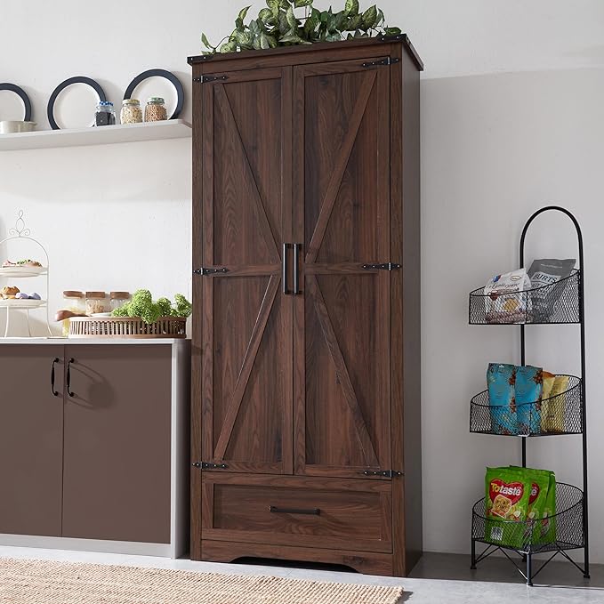 JXQTLINGMU Farmhouse Kitchen Pantry Cabinet - 72" Tall Wood Kitchen Storage Cabinets with Adjustable Shelves & 2 Barn Doors & Drawer, Versatile Storage for Dining Room, Bathroom, Rustic Brown