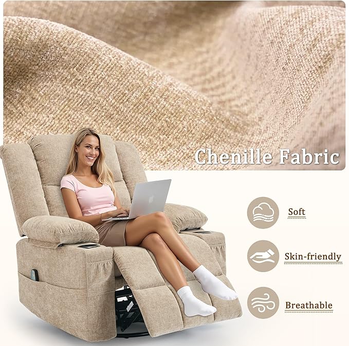 360° Rotating Adult Rocking Recliner, Baby Room Glider with Massage and Heating Functions, Rocking Chair with Cup Holder, Manual Recliner for Living and Bedroom (Fabric, Khaki)