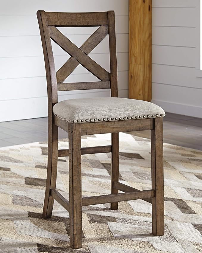 Signature Design by Ashley Moriville Rustic Farmhouse 24.5" Upholstered Barstool, 2 Count, Beige & Brown