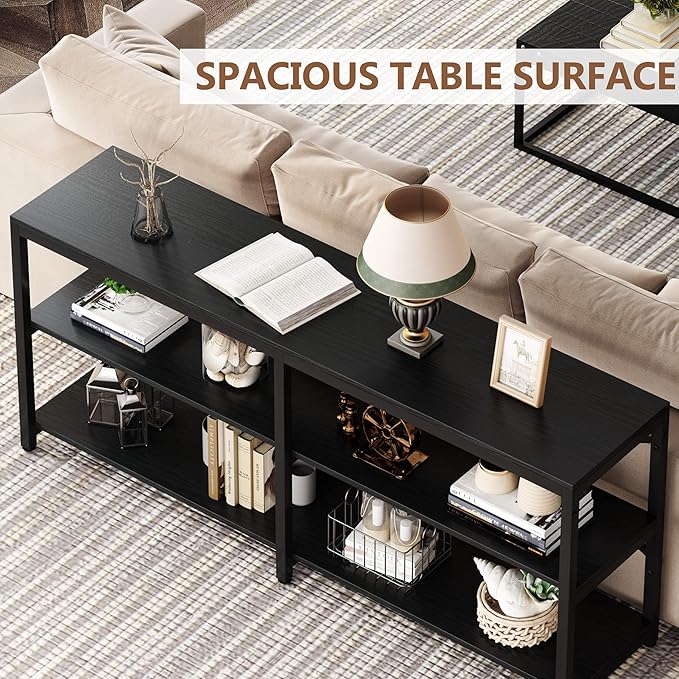 Tribesigns 70.9 Inch Extra Long Console Table, Modern Sofa Table Behind Couch Table with Storage Shelves, 3-Tier Industrial Hallway Entryway Table for Living Room, 3 Shelf Bookshelf(Black)