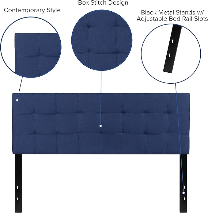 EMMA + OLIVER Quilted Tufted Upholstered Queen Size Headboard in Navy Fabric