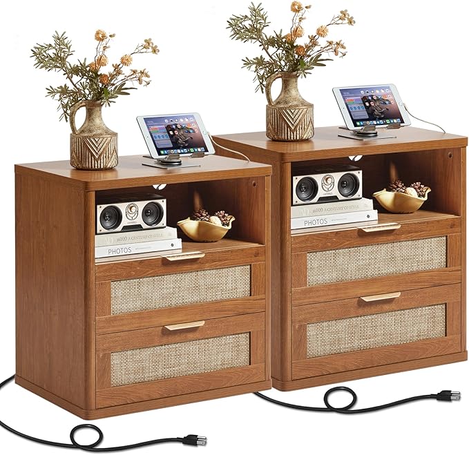 LEYAOYAO Rattan Nightstands Set of 2 with Charger Station, 23" Wide Boho Night Stand with 2 Drawers, Natural Wood Bedside Table Open Shlef, Bed Side End Table Dresser for Bedroom, Living Room Hallway
