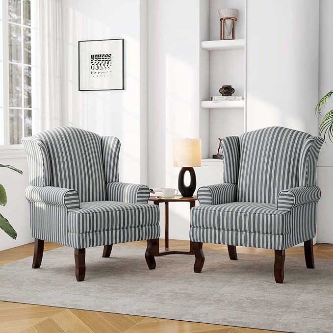 Accent Chair, High Back Upholstered Armchair with High Resilience Sponge & Wood Legs, Mid-Century Modern Comfy Single Sofa Reading Chairs for Living Room, Bedroom (Stripe Grey, Set of 2)
