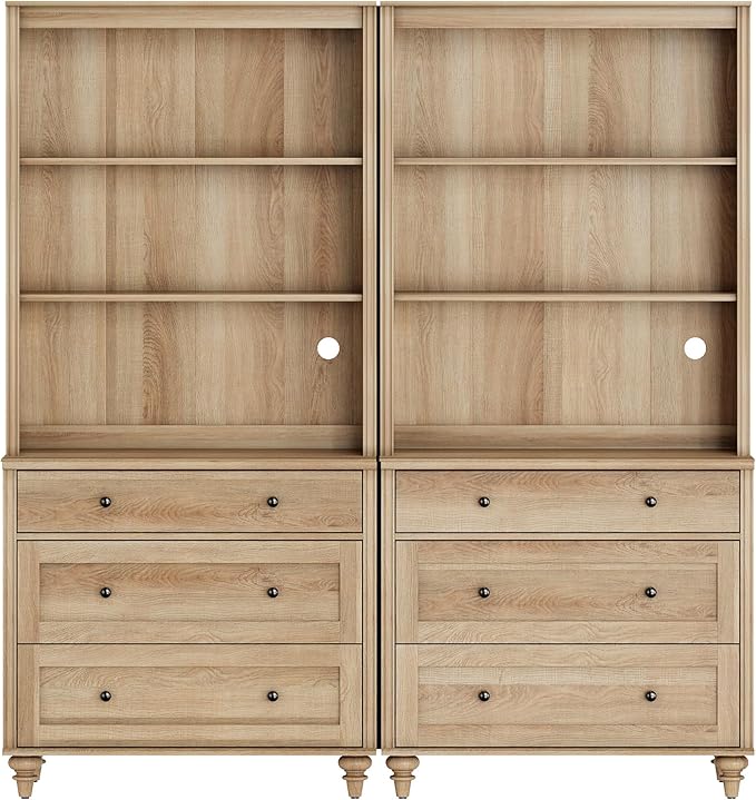 WAMPAT 3 Tier Bookshelf with 3 Drawers, 72" Tall Bookcase Large Farmhouse Display Book Case Shelf with 3-Tier Open Book Shelfs,Library Wood Bookshelves for Living Room,Kitchen, Oak(2PCS)