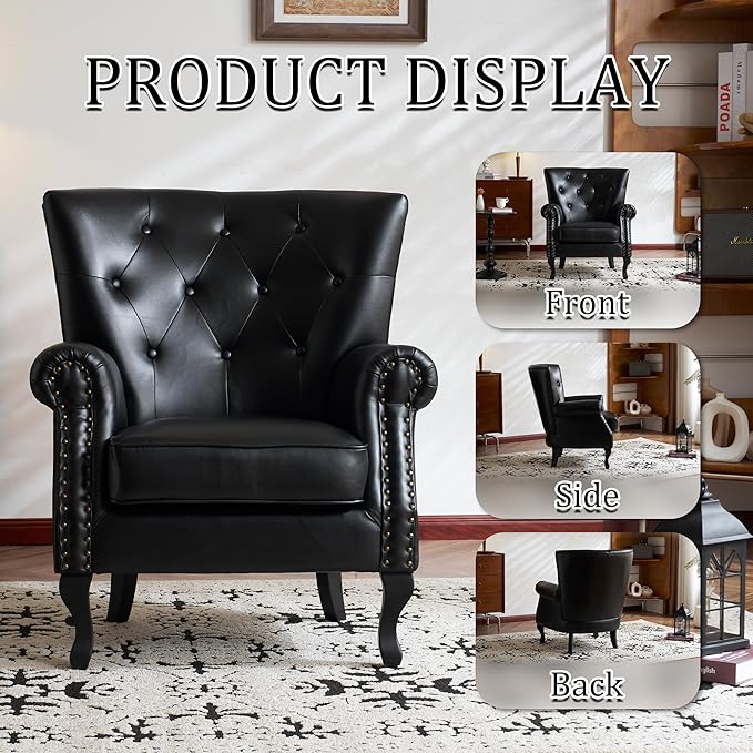Modern Faux Leather Accent Chair, Upholstered Mid-Century Armchair with Solid Wood Legs, Single Sofa Chair for Living Room, Bedroom, or Reading Room(Black)