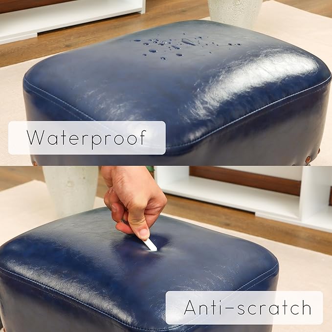 Ottoman Leather Foot Rest with Thicker Foam Padded Seat, Footstool with Wooden Legs (Blue)