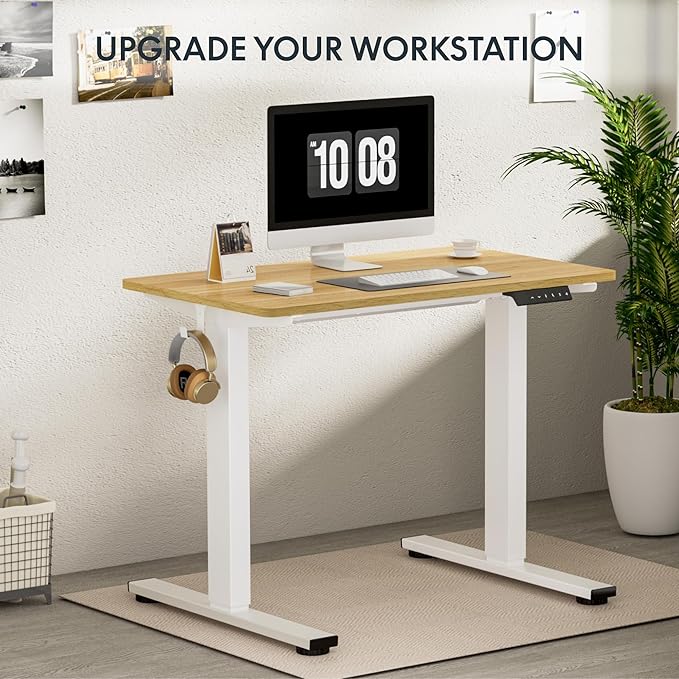 FLEXISPOT EN1 Whole-Piece Standing Desk 40 x 24 Inches Electric Height Adjustable Desk for Home Office (White Frame + Maple Top)