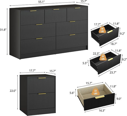 3-Piece Modern Bedroom Furniture Set, Wide 7-Drawer Dresser & 2-Drawer Nightstands Set of 2, Natural Wood Dresser and Nightstand Sets for Bedroom, Hallway, Black