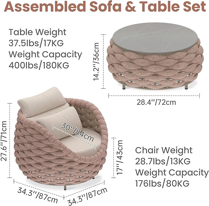 3 Pieces Porch Furniture Set: Aluminum Patio Conversation Sofa Set - Assembled Couch Armchair Table Set Cushioned - Hand Woven Rope Chair Set 400 LBS All Weather for Indoor Deck Balcony Hotel