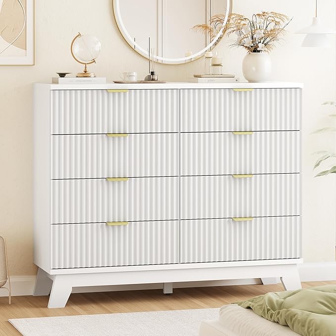 Fluted Dresser for Bedroom with 8 Drawers, 48" Wide Modern Chest of Drawers with Metal Handle, Wooden Dresser TV Stand, Wood Closet Clothes Storage Drawer Organizer for Living Room, Hallway, White