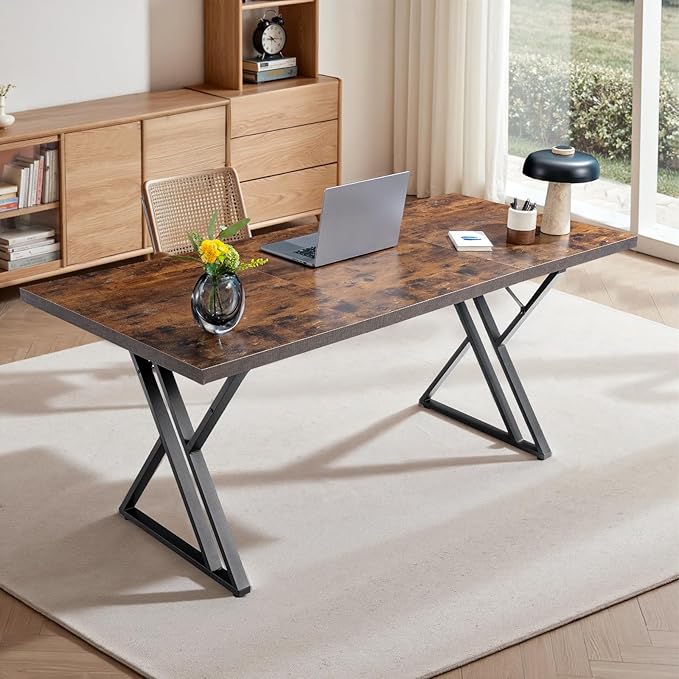 70.9Inch Office Desk, Executive Office Desk,Modern Industrial Style, Z-Shaped Table Legs, Country Black Wood Grain Top, for Home Office, Study, Conference (Iron Wood)