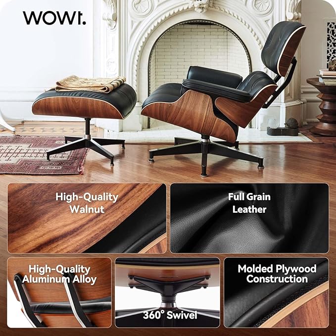 Top Black Grain Leather, Mid Century Chaise Lounge Chair and Ottoman, Modern Chair Classic Design, Walnut Wood, Heavy Duty Base Support for Living Room Office