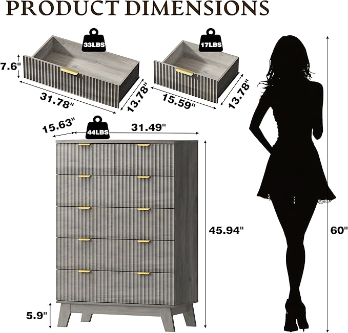 46" Tall Dresser for Bedroom, 6-Drawer Fluted Chest of Drawers, Modern Wood Highboy with Deep Storage, Metal Slides and Handles, Anti-Tip Kit, Vertical Clothes Organizer for Apartment, Nursery