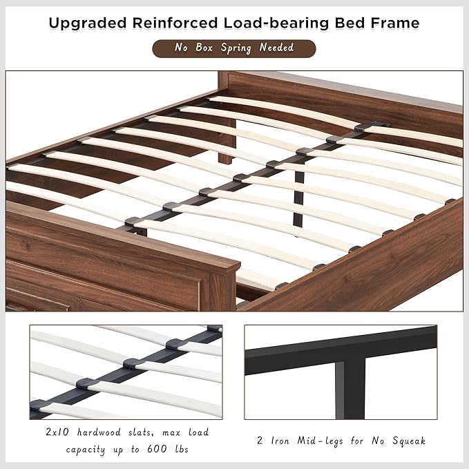 ACCOHOHO Farmhouse Queen Size Bed Frame with 52" Tall Headboard, Wood Platform Bedframe with Footboard and Storage Drawers, No Squeak, No Box Spring Needed, Brown