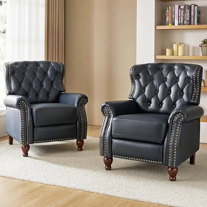HULALA HOME Genuine Leather Recliner Chair with Solid Wood Feet, Modern Adjustable Tufted Push Back Arm Chair w/Rivet Decoration, Home Theater Seating Single Reclining Sofa for Living Room, Navy