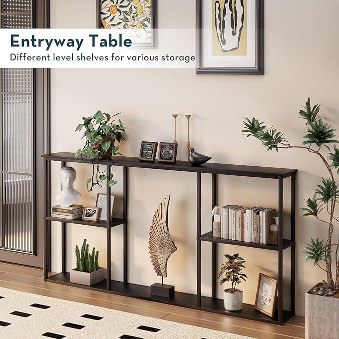 WOHOMO Black Console Table,3-Tier Small Entryway Table,Long Sofa Table for Hallway,Living Room(63 inch)