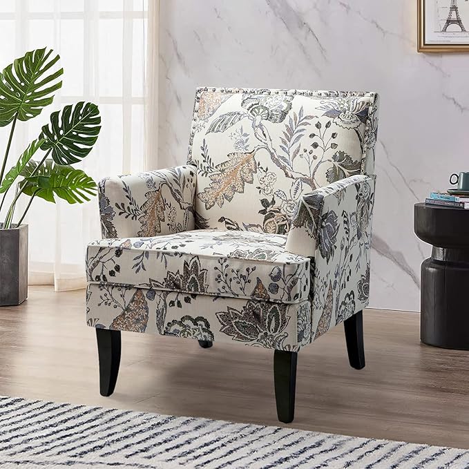HULALA HOME Modern Accent Chair with Arms and Wooden Legs, Floral Patterned Accent Chair Armchair High Back Rest, Padded Armrest and Comfortable Cushioned Seat for Living Room (Orange Grey Floral)