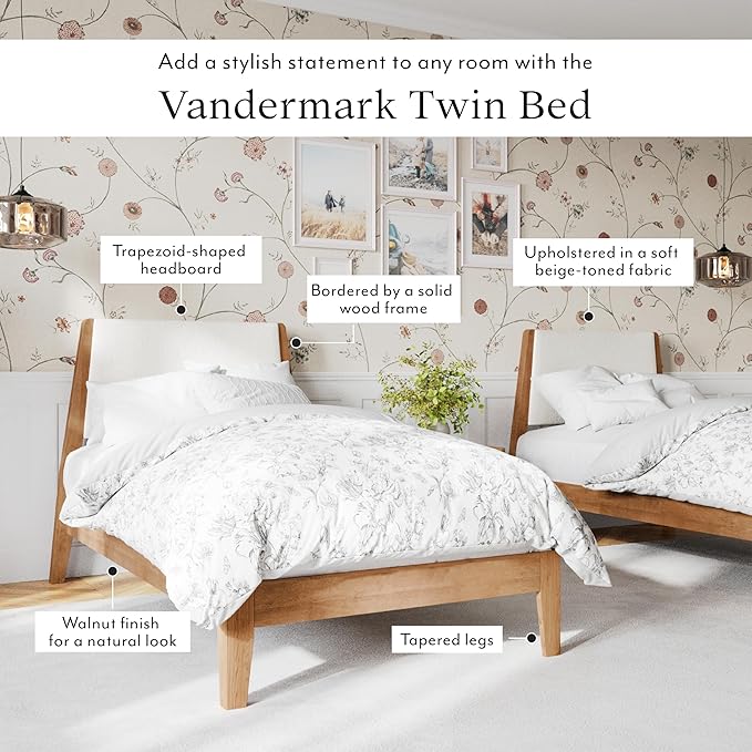DG Casa Vandermark Solid Wood Easy Install Twin Bed Frame with Unique Headboard and Wooden Slat Support Included No Box Spring Required - Beige Walnut