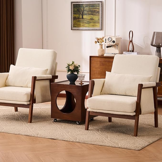 Accent Chair Mid-Century Modern with Lumbar Support Pillow, Upholstered Living Room Chairs with Wooden, Chenille Armchair with Cushion, Anthropologie Side Chair for Bedroom, Beige