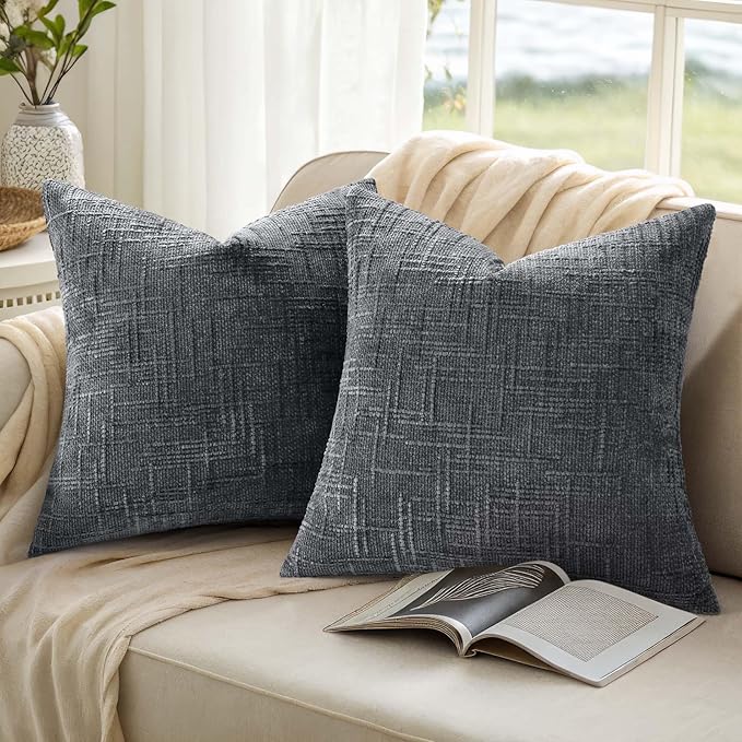 decorUhome Dark Grey Chenille Throw Pillow Covers 26x26 Set of 2 Thick Textured Slubby Couch Pillow Covers Farmhouse Accent Modern Neutral Decorative Pillow Cases for Bed Sofa Living Room