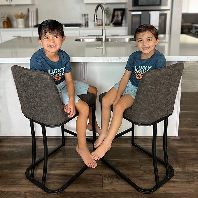 PHI VILLA Dark Grey Bar Stools Set of 2, Faux Leather Counter Height Chairs, Kitchen Stools for Island, 24 Inch Barstools with Back