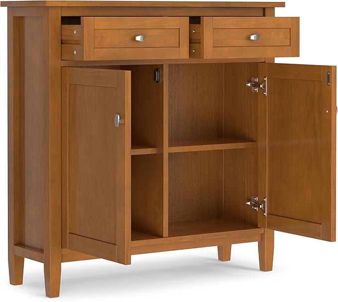 SIMPLIHOME Warm Shaker Solid Wood 36 inch Wide Transitional Entryway Storage Cabinet in Light Golden Brown for The Living Room, Entryway and Family Room