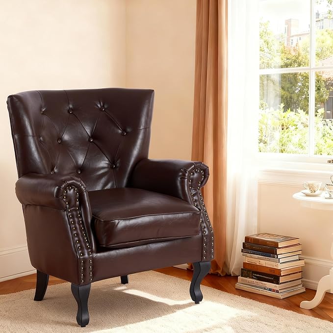 Modern Faux Leather Accent Chair, Upholstered Mid-Century Armchair with Solid Wood Legs, Single Sofa Chair for Living Room, Bedroom, or Reading Room(Caramel)