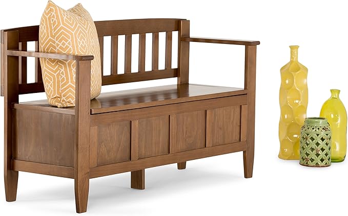 SIMPLIHOME Brooklyn Entryway Storage Bench - 48 inch Wide Solid Wood Storage Seat in Medium Saddle Brown, Contemporary Bench for Entryway or Living Room with Lift-Up Lid and Slatted Backrest
