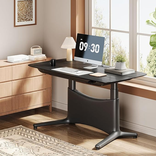 COLAMY Electric Standing Desk, Whole-Piece Gaming Desk with Dual Motors, Ergonomic Footrest, Drawers for Storage, Adjustable Height Sit-Stand Desk for Home Office (Veneer Desktop, Black Oak + Black)
