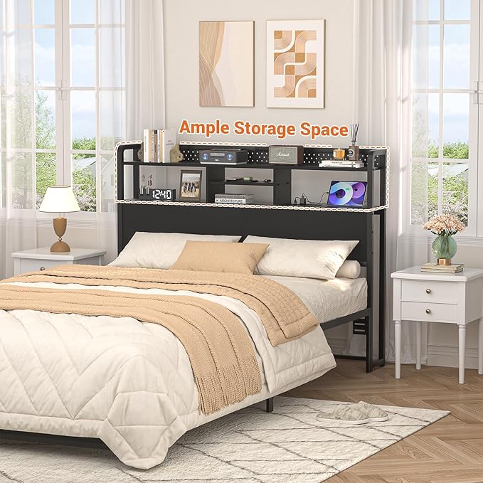Unikito Headboard for Queen Size Bed with Storage Shelf, Head Board with 3 Outlets and 2 USB Ports, Headboards with RGB LED Light, Height Adjustable, Sturdy and Stable, Easy Assembly, Black