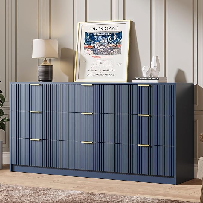 Navy Dresser for Bedroom, 9 Drawer Double Dresser, Modern Chest of Drawers for Bedroom, Living Room, Entryway and Closet, 63" L x 15.7" D x 31.5" H