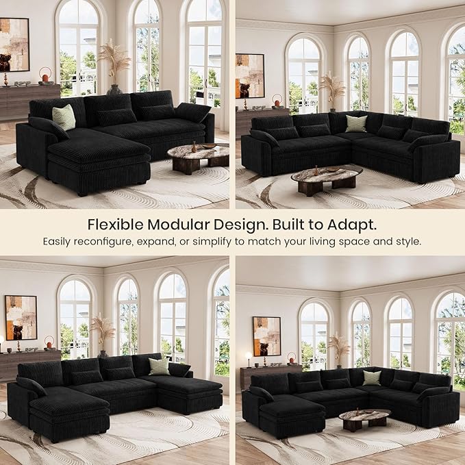Belffin Large Modular Sectional Sofa with Double Deep Chaise and Loveseat, Corduroy U Shape Couch with 9" Soft Dual-Layer 9 Seats Cushion for Living Room, Apartment, Black