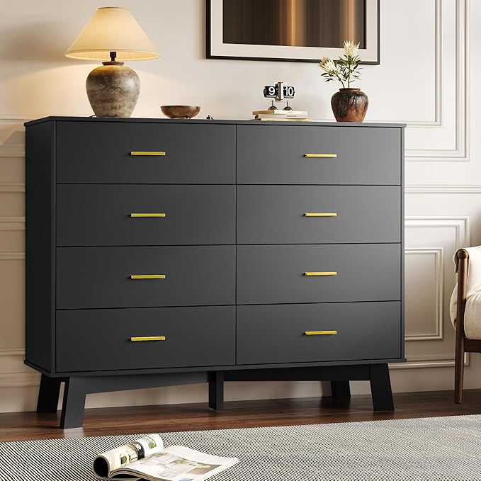 Dresser for Bedroom with 8-Drawer, 37" Tall Modern Chest of Drawers with Metal Handles, X-Shape Base & Adjustable Center Leg, Anti-Tip Closet Organizers and Storage