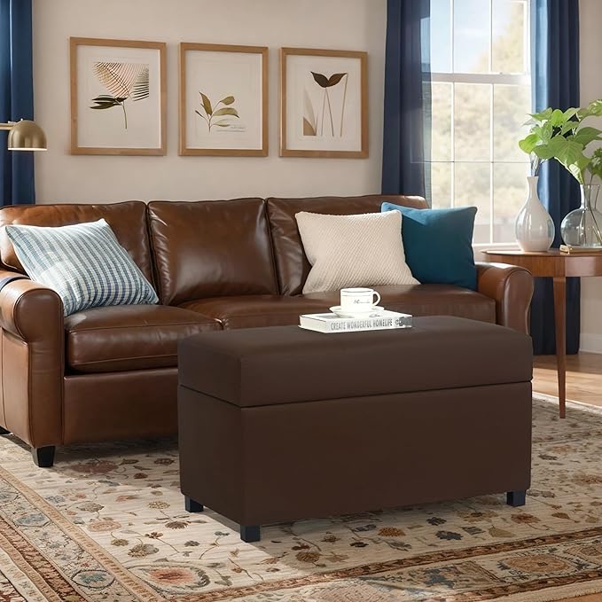 Asense Storage Ottoman Bench –32 Inch Stylish Compact Design with Storage, Extra Seating & Modern Leather Appeal for Living Room, Bedroom, Entryway, Espresso Brown