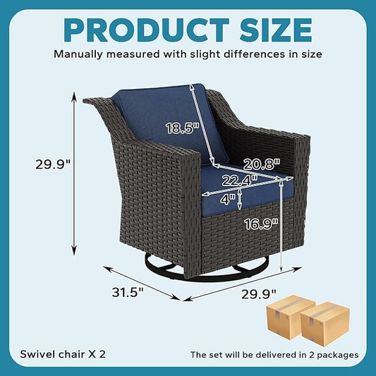 Patio 2 Pieces Wicker Swivel Chairs Set of 2,Outdoor PE Rattan Rocking Glider Armchairs, Water-Resistant Cushions with Removable and Washable Covers, Porch, Balcony, Sunroom (Navy Blue)